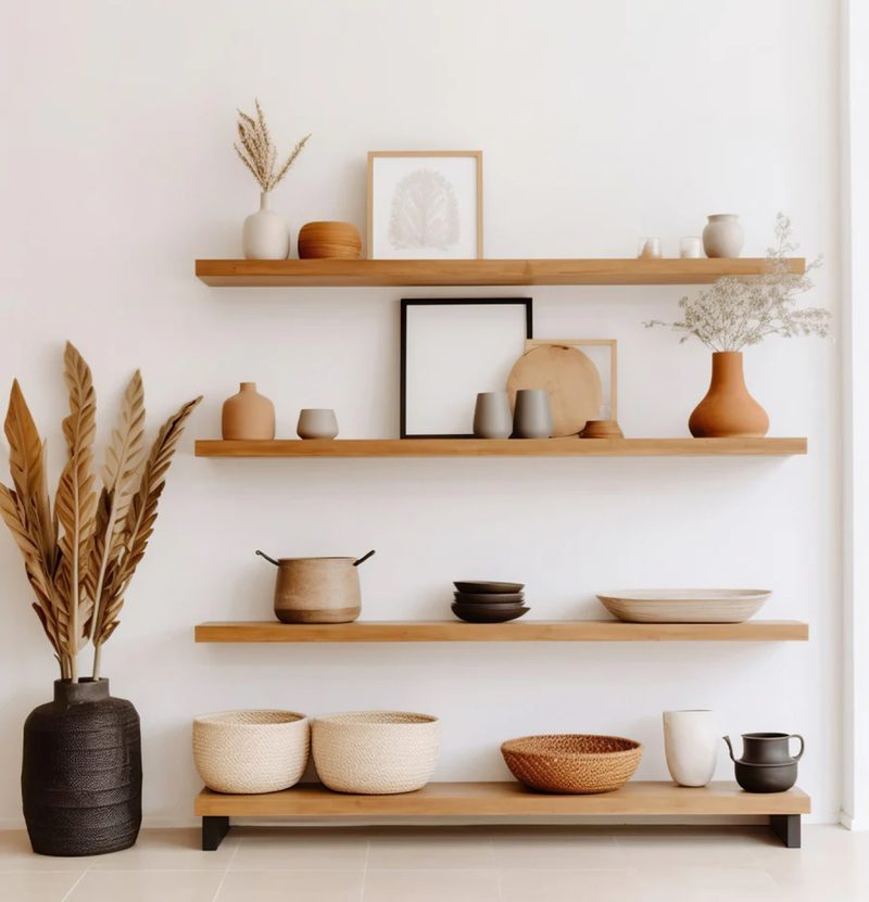 Four maple floating shelves styled with ceramics and baskets on a white wall