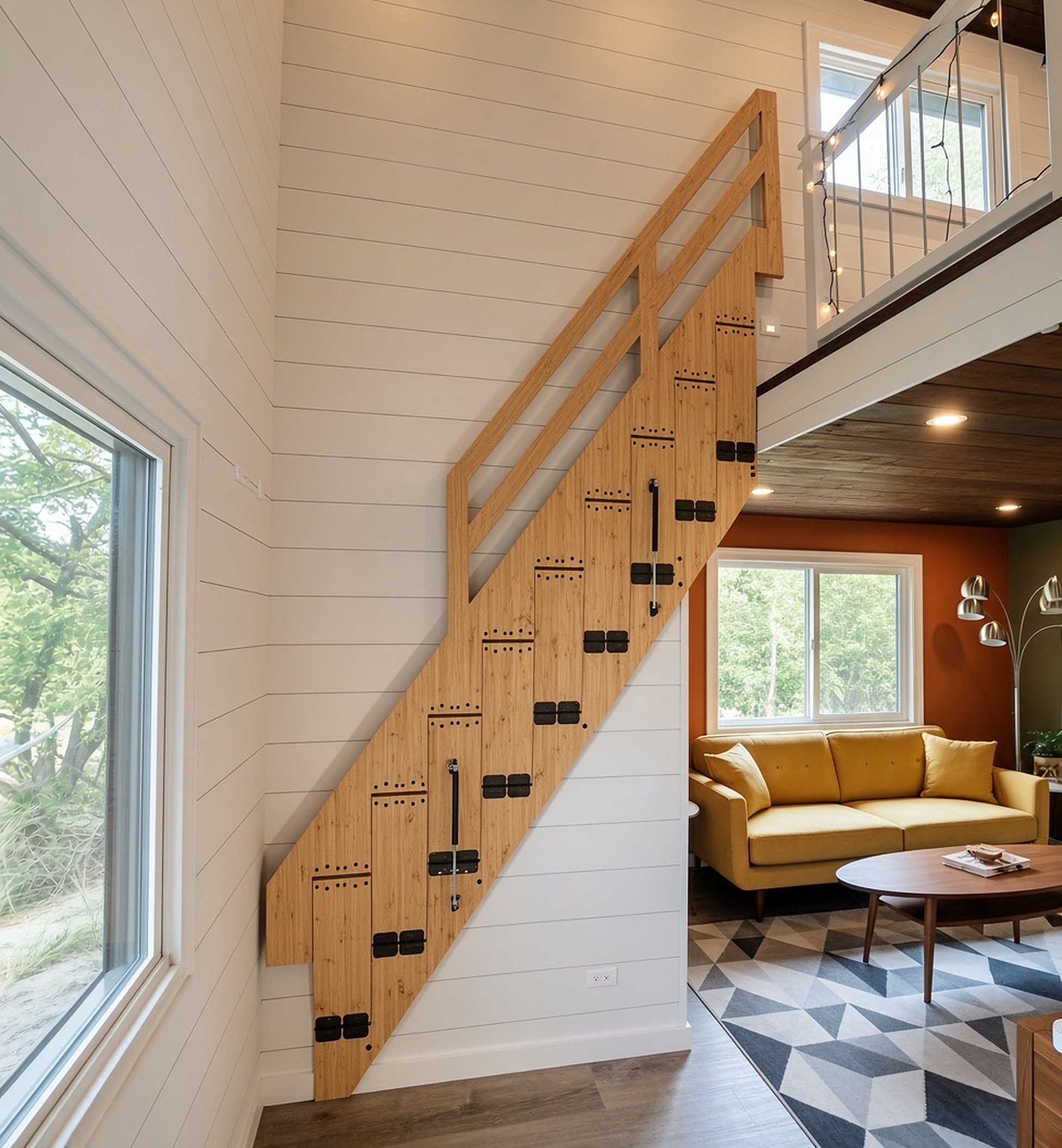 A bamboo folding stair with railing installed in a bright tiny home, leading up to a loft