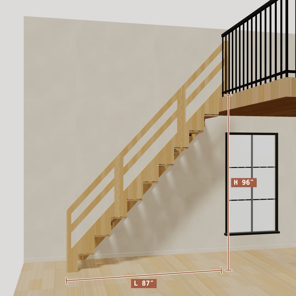 The 8 ft base model bamboo folding stair against a wall below a loft, marked 8 ft high and 87 inches long