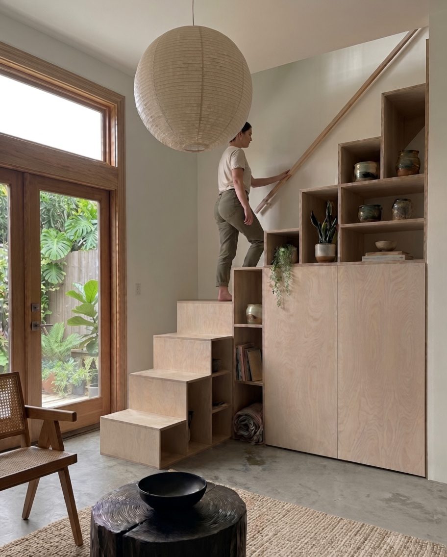 A woman walking up birch storage stairs with built-in shelves and cabinets under a paper lantern