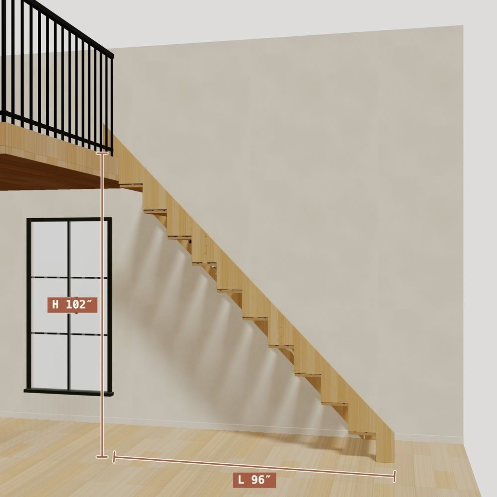 The 8.5 ft base model bamboo folding stair without railing, set against a wall on the right