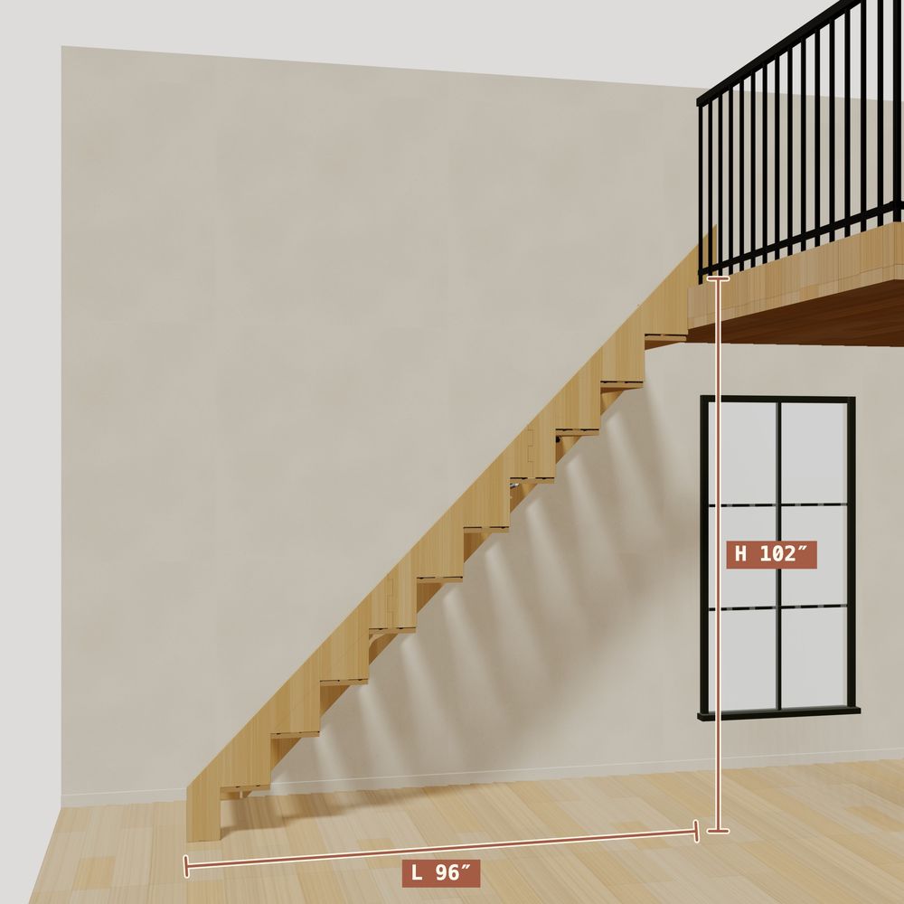 The 8.5 ft base model bamboo folding stair without railing, 102 inches high and 96 inches long