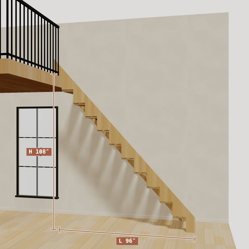 The 9 ft base model bamboo folding stair without railing, set against a wall on the right