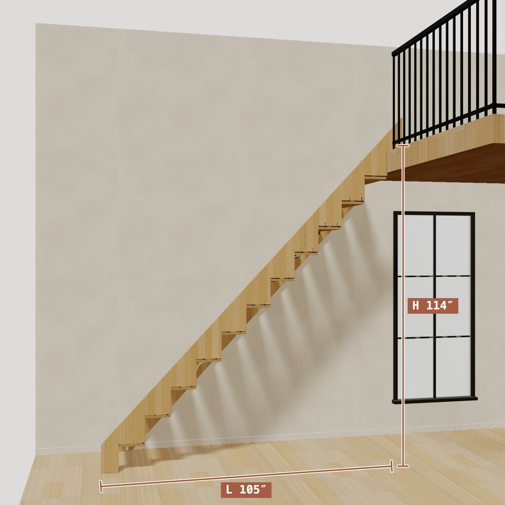 The 9.5 ft base model bamboo folding stair without railing, 114 inches high and 105 inches long