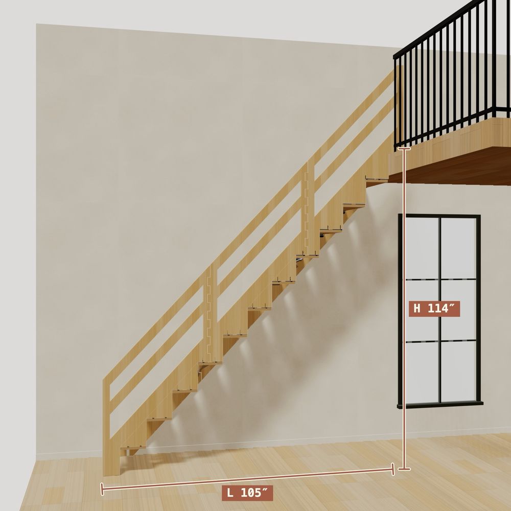 The 9.5 ft base model bamboo folding stair, 114 inches high and 105 inches long