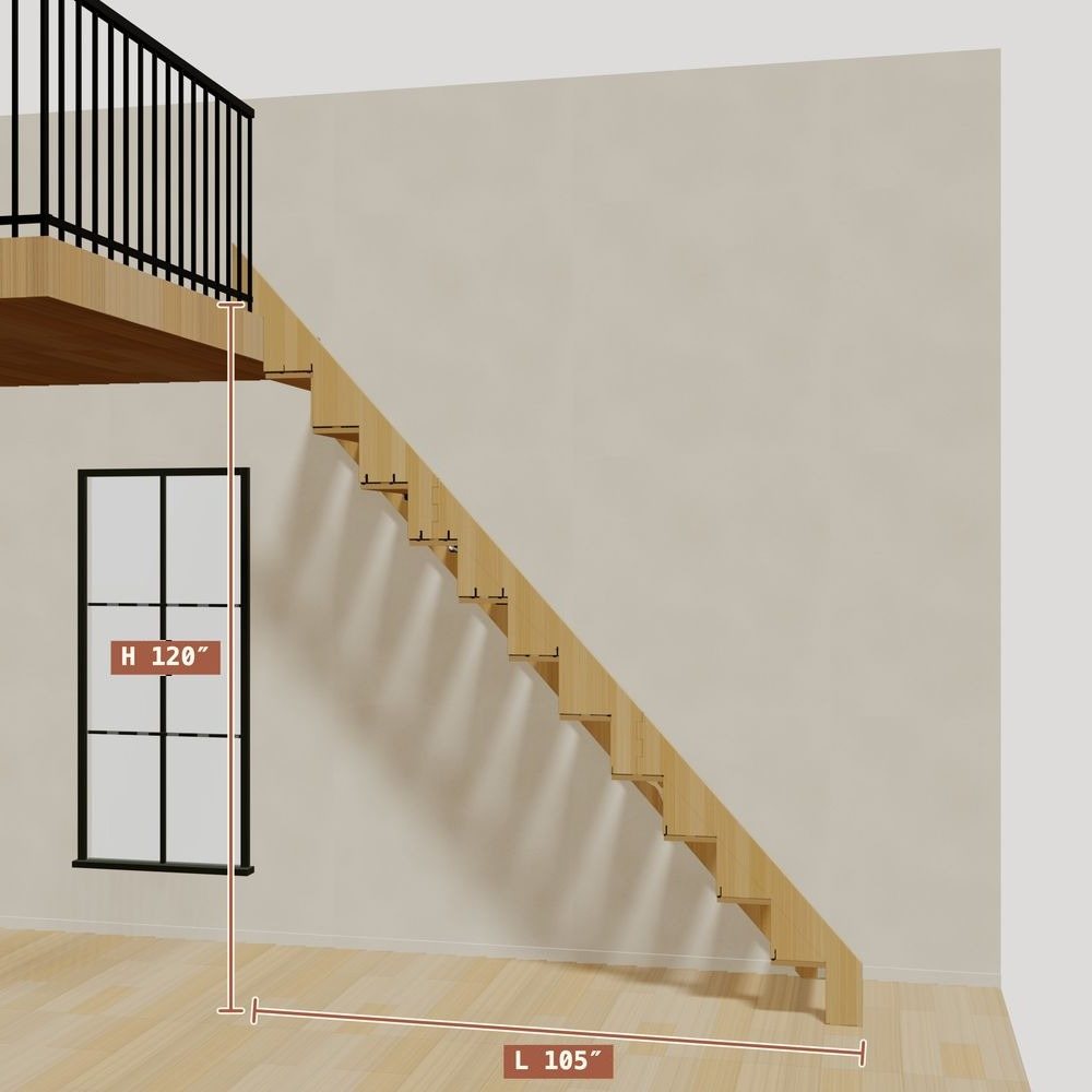 The 10 ft base model bamboo folding stair without railing, set against a wall on the right