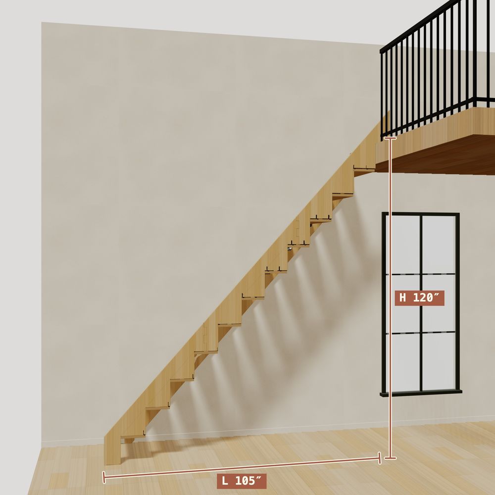 The 10 ft base model bamboo folding stair without railing, 120 inches high and 105 inches long