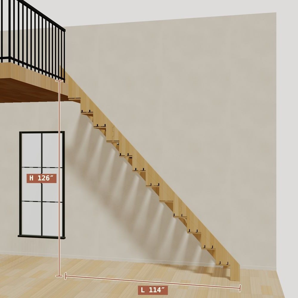 The 10.5 ft base model bamboo folding stair without railing, set against a wall on the right