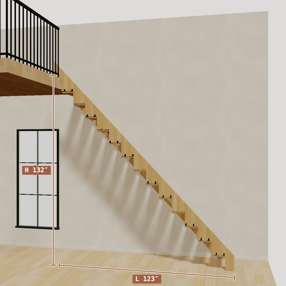 The 11 ft base model bamboo folding stair without railing, set against a wall on the right