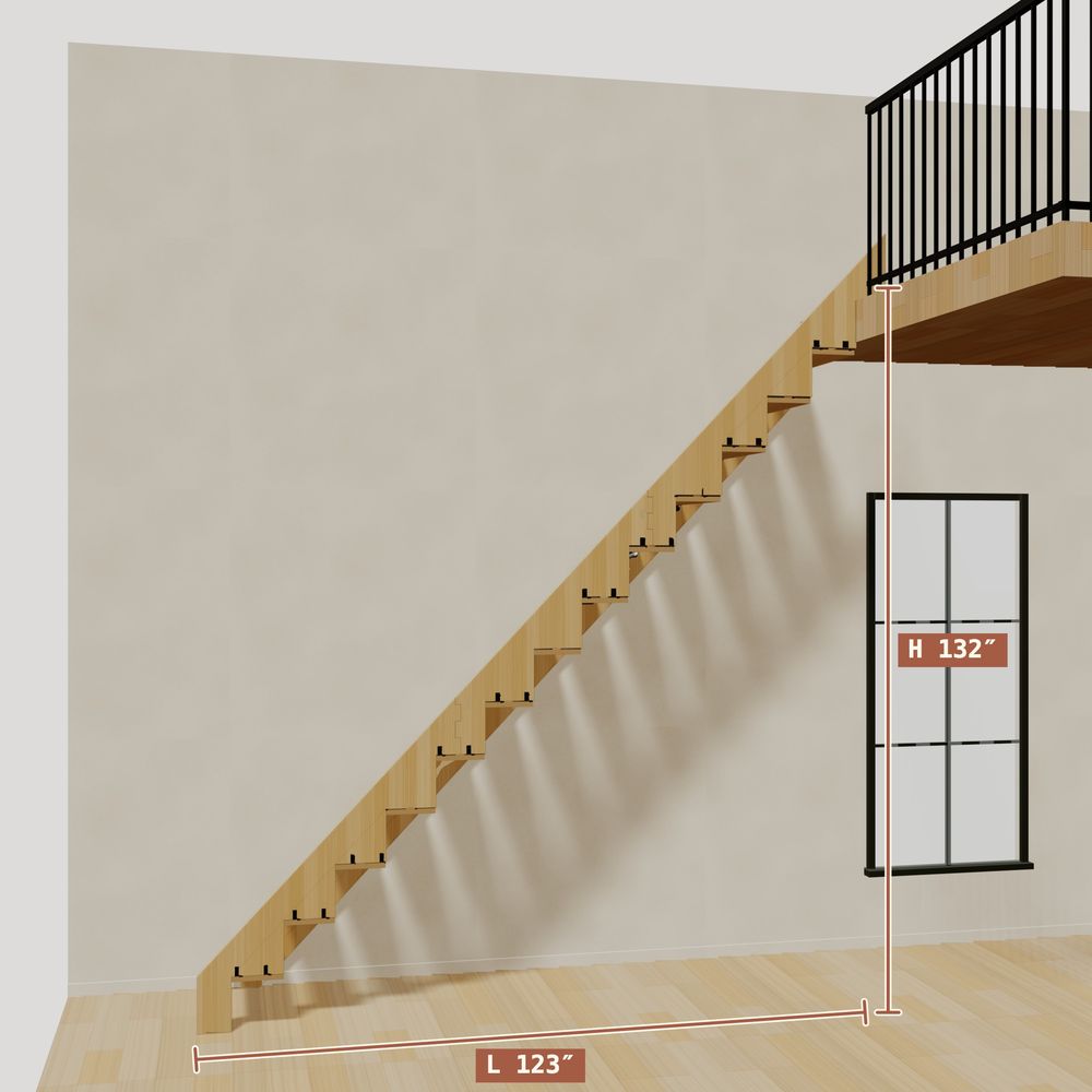 The 11 ft base model bamboo folding stair without railing, 132 inches high and 123 inches long