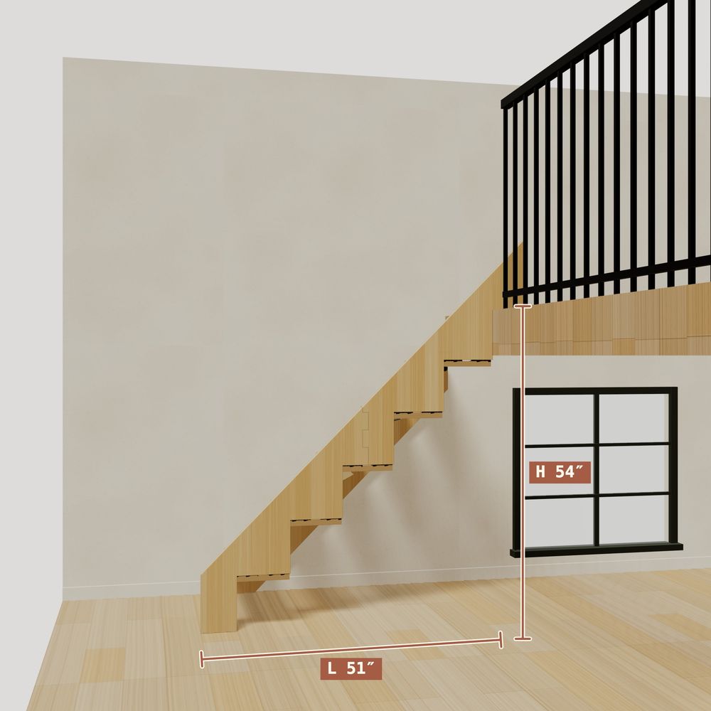 The 4.5 ft base model bamboo folding stair without railing, 54 inches high and 51 inches long