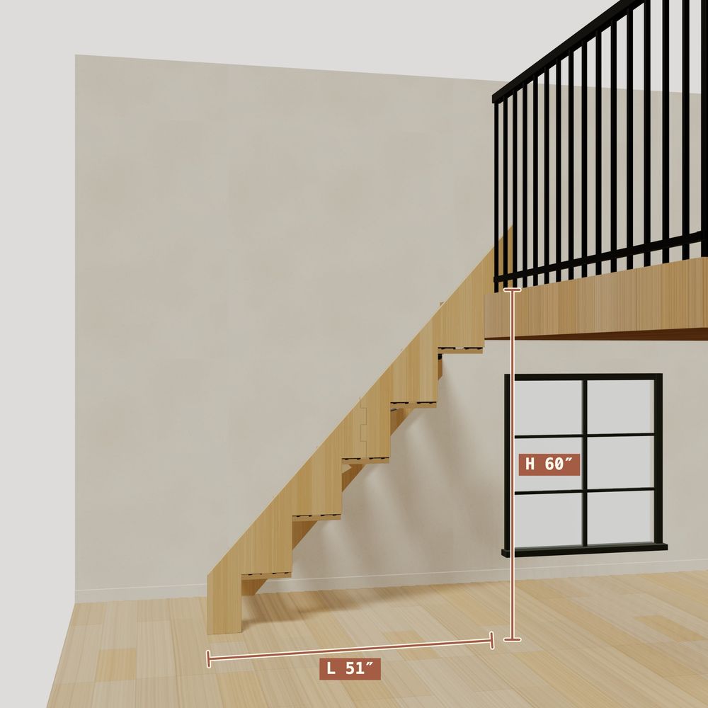 The 5 ft base model bamboo folding stair without railing, 60 inches high and 51 inches long