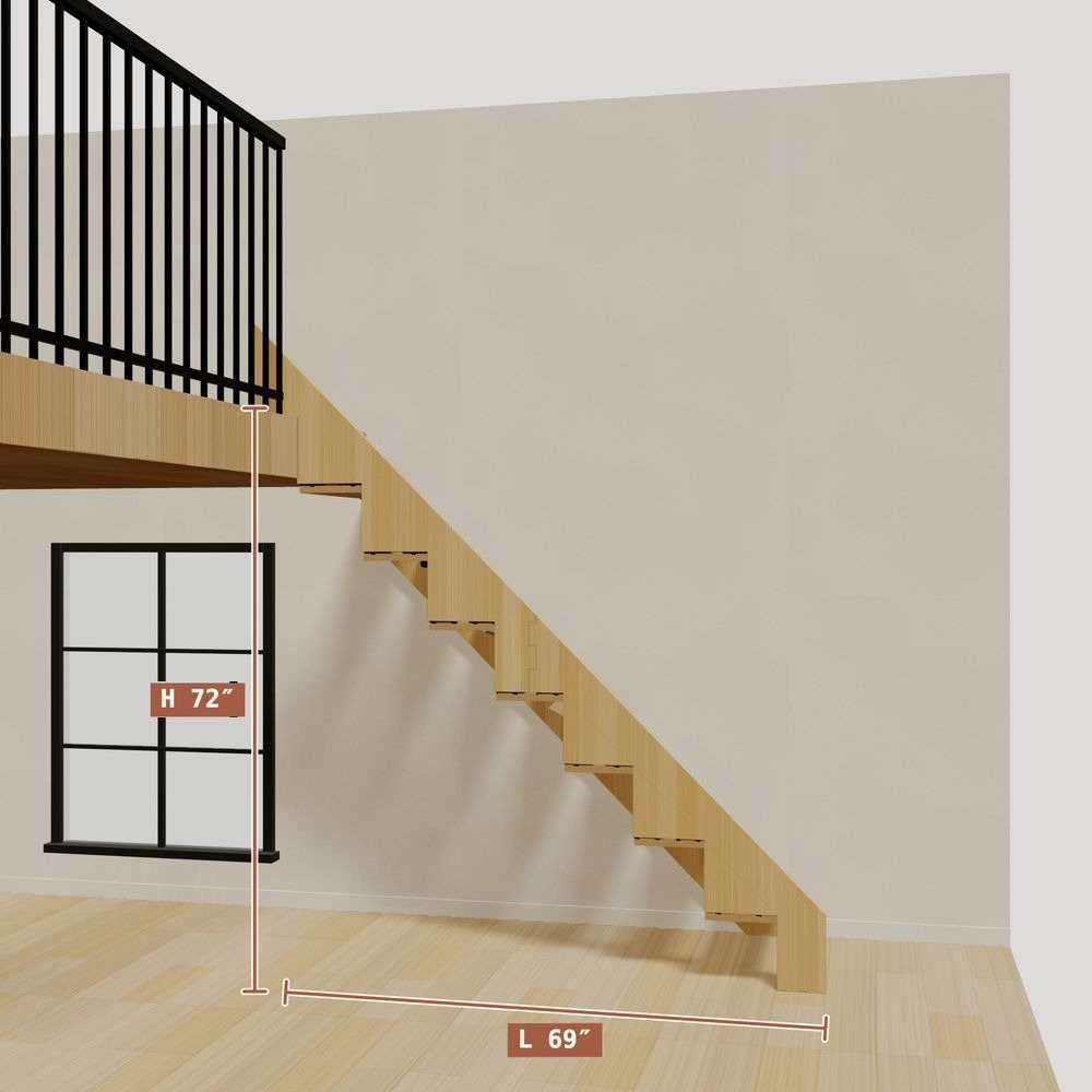 The 6 ft base model bamboo folding stair without railing, set against a wall on the right