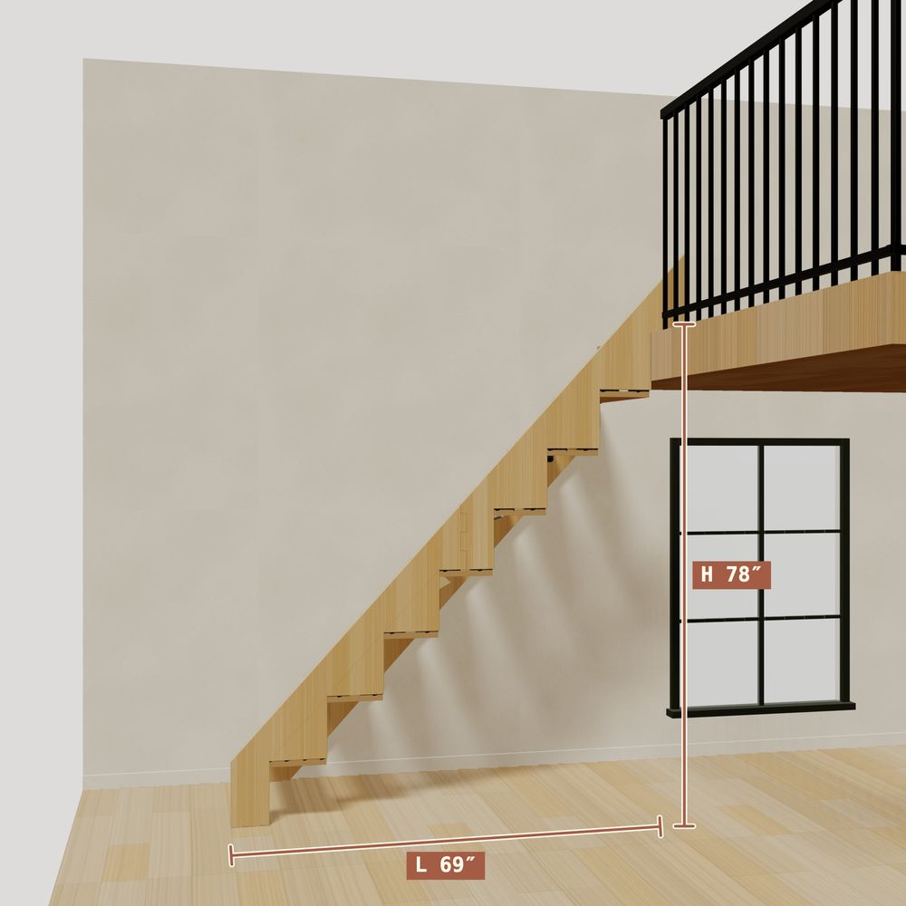 The 6.5 ft base model bamboo folding stair without railing, 78 inches high and 69 inches long