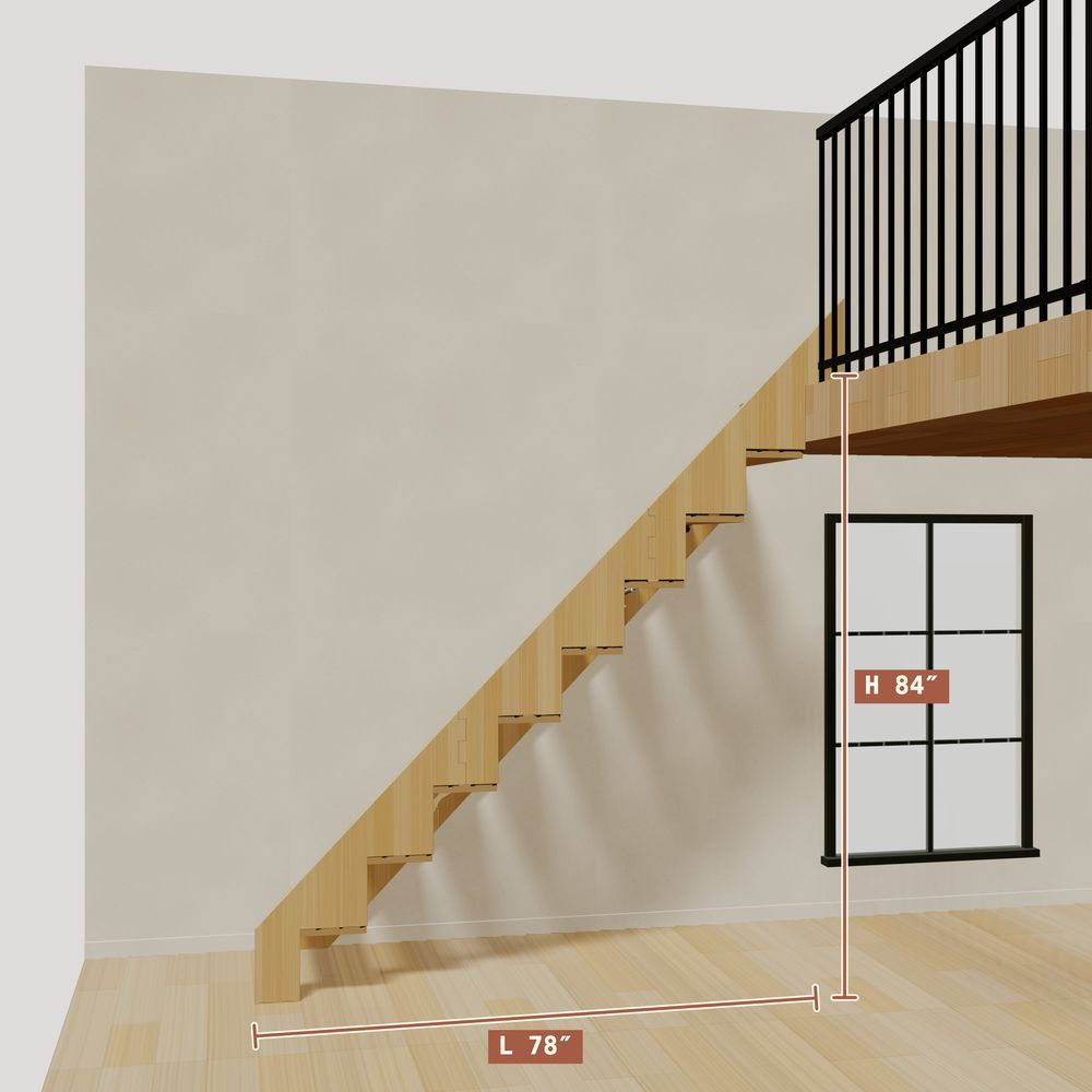 The 7 ft base model bamboo folding stair without railing, 84 inches high and 78 inches long