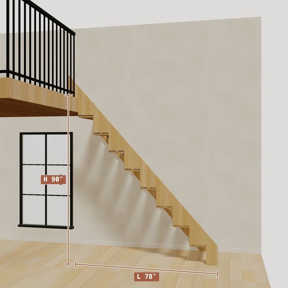 The 7.5 ft base model bamboo folding stair without railing, set against a wall on the right