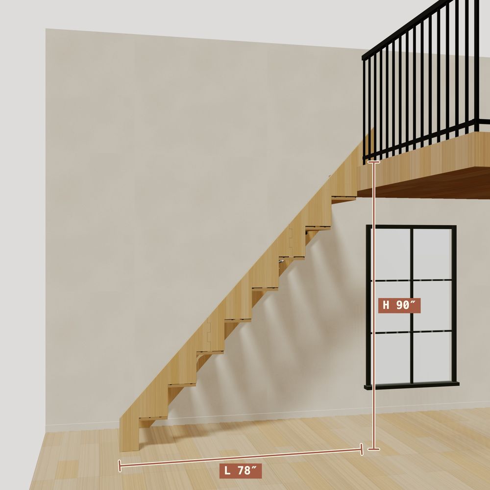 The 7.5 ft base model bamboo folding stair without railing, 90 inches high and 78 inches long