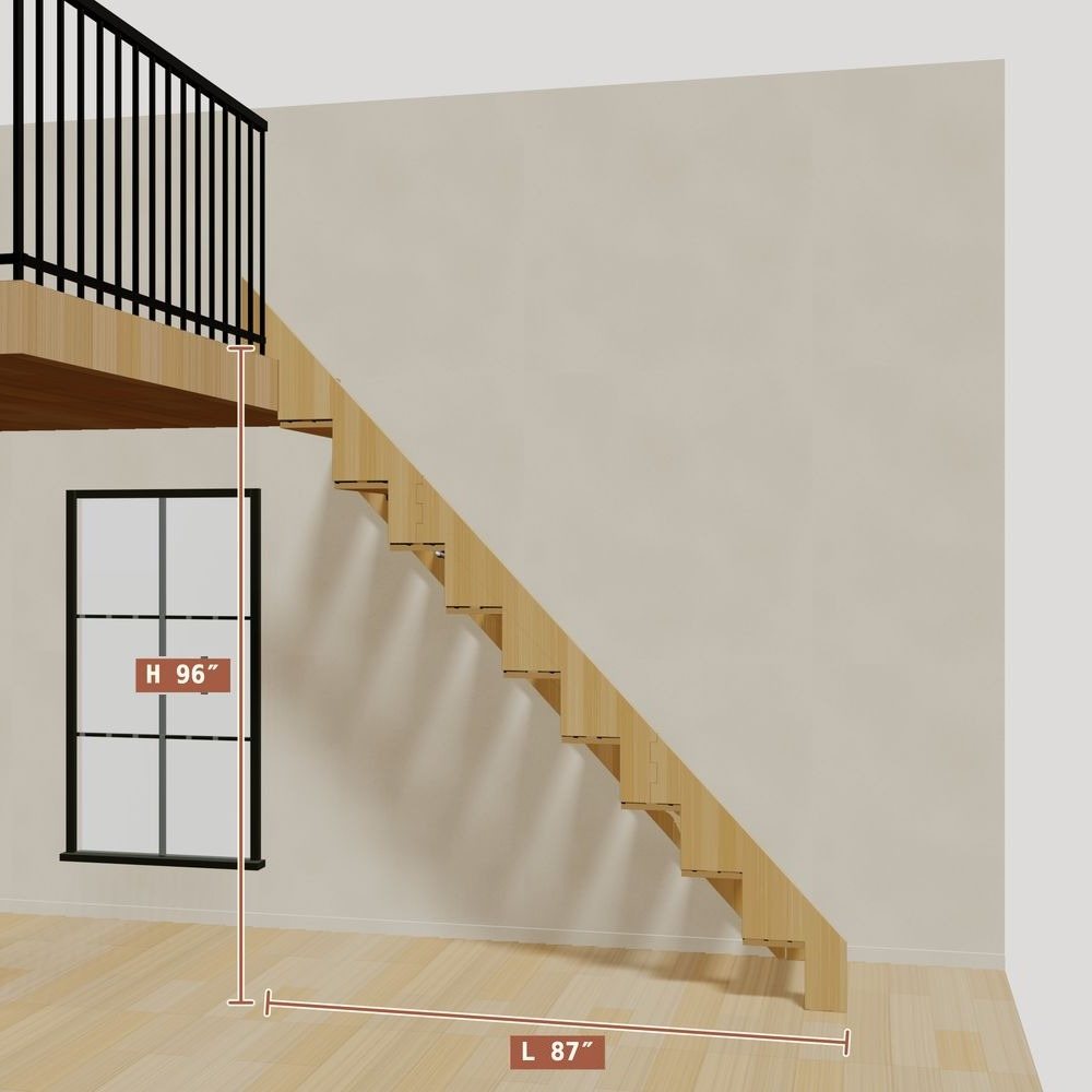 The 8 ft base model bamboo folding stair without railing, set against a wall on the right