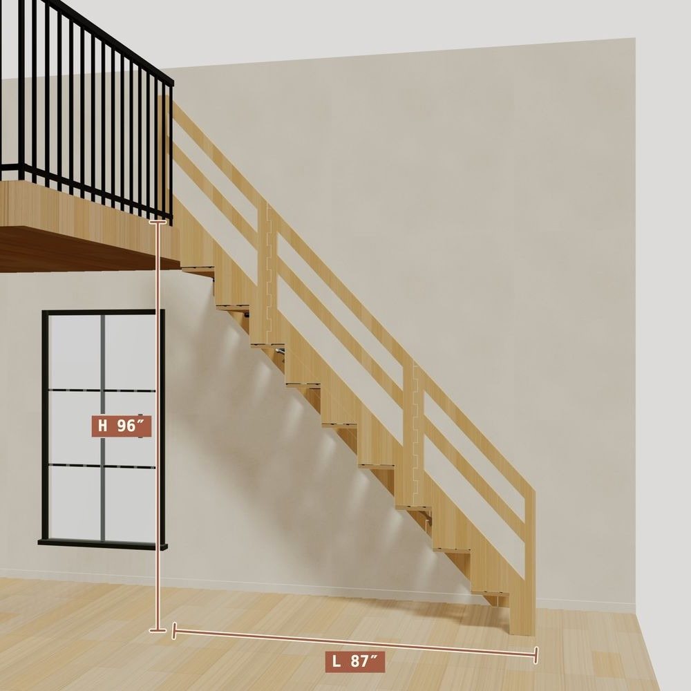 The 8 ft base model bamboo folding stair, set against a wall on the right